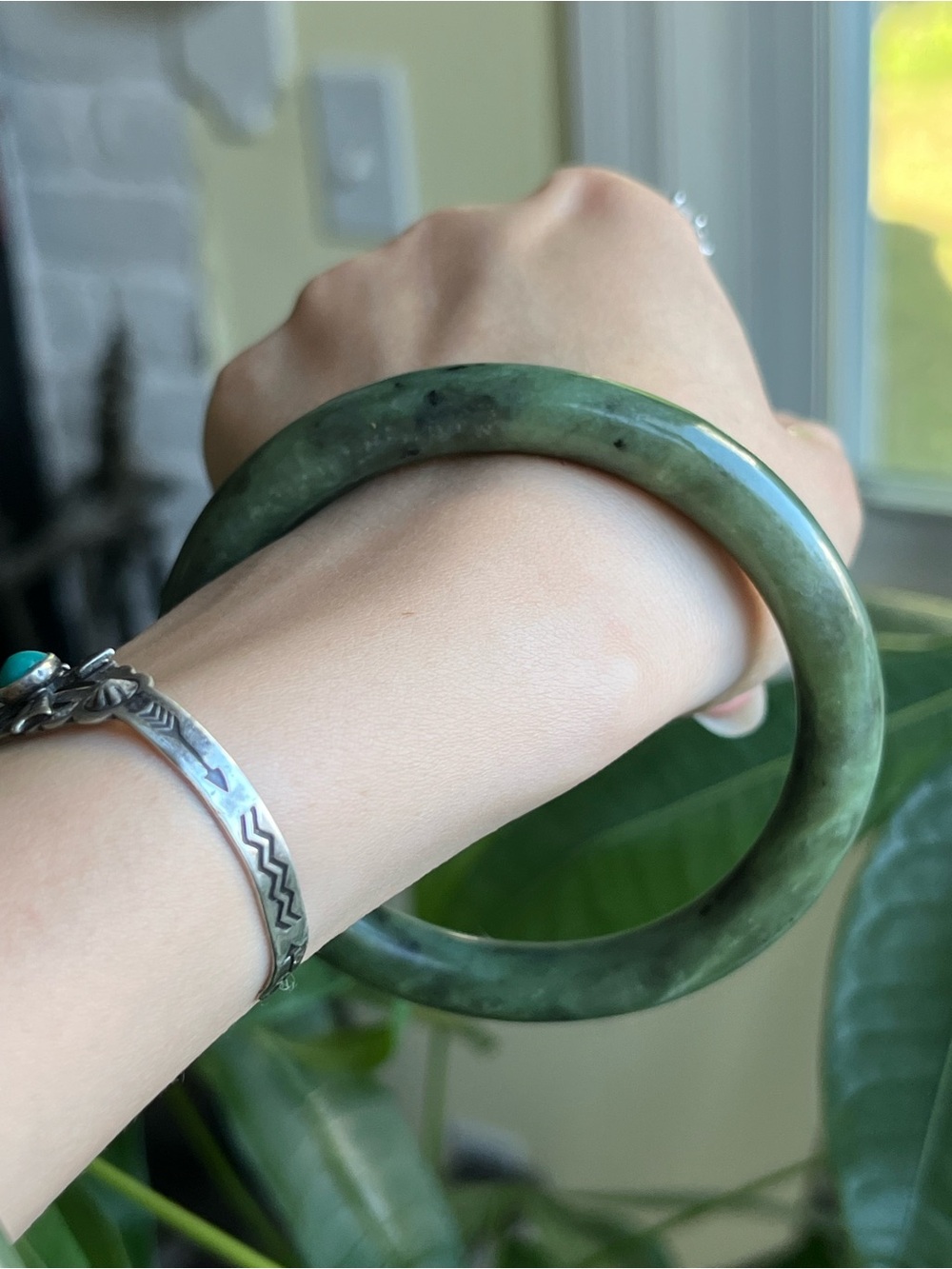 Natural Green Nephrite Jade Bangle Bracelet, Pickled Spinach Green 60mm diameter